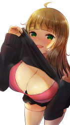 Rule 34 | 1girl, ahoge, black skirt, black sweater, blunt bangs, blush, bra, breasts, cleavage, clothes lift, highres, kannko bokujou, large breasts, leaning forward, light brown hair, long hair, looking at viewer, miniskirt, mole, mole on breast, mole under eye, open mouth, original, pink bra, pleated skirt, school uniform, simple background, skindentation, skirt, solo, sweater, sweater lift, thighhighs, thighs, tongue, underwear, white background, white thighhighs