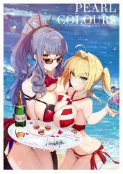 Rule 34 | 2girls, ahoge, arm strap, bare shoulders, bikini, blonde hair, blue nails, blush, breast press, breasts, brown-tinted eyewear, carmilla (fate), carmilla (summertime mistress) (fate), cleavage, collarbone, criss-cross halter, cup, day, earrings, fate/grand order, fate (series), fingernails, gem, green eyes, green gemstone, groin, hair intakes, halterneck, holding, holding cup, jewelry, kakumayu, large breasts, long fingernails, long hair, looking at viewer, looking over eyewear, looking over glasses, lowleg, lowleg bikini, multiple girls, nail polish, navel, nero claudius (fate), nero claudius (fate) (all), nero claudius (swimsuit caster) (fate), outdoors, parted lips, red bikini, saint quartz (fate), side-tie bikini bottom, sidelocks, silver hair, skindentation, smile, stomach, striped bikini, striped clothes, sunglasses, swimsuit, thighs, tinted eyewear, tropical drink, twintails, very long fingernails, yellow eyes
