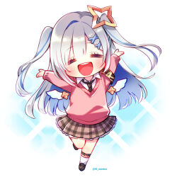 Rule 34 | 1girl, amane kanata, armband, arms up, blue hair, blush, chibi, closed eyes, full body, hair ornament, hairclip, hololive, long hair, long sleeves, multicolored hair, n gyou, open mouth, plaid, plaid skirt, school uniform, skirt, smile, socks, solo, standing, standing on one leg, streaked hair, sweater, two side up, very long hair, virtual youtuber, white hair, wings, x hair ornament