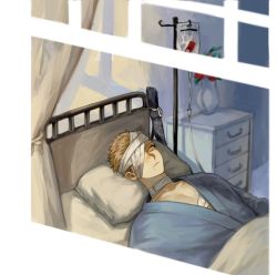Rule 34 | 1boy, bad id, bad twitter id, bandage over one eye, bandages, bed, blonde hair, closed mouth, collarbone, danganronpa (series), danganronpa 2: goodbye despair, flower, freckles, hospital, hospital bed, indoors, kuzuryu fuyuhiko, long sleeves, looking at viewer, lying, male focus, mole, mole under mouth, pekupe (p krr), pillow, red flower, short hair, solo, upper body, very short hair, window