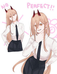 Rule 34 | + +, 1girl, absurdres, arm behind back, arrow (symbol), black pants, blonde hair, blush, breasts, chainsaw man, closed mouth, collared shirt, commentary, cowboy shot, cross-shaped pupils, demon horns, dress shirt, english text, eyelashes, frown, grin, hair between eyes, hand on own hip, hand on own chin, highres, horns, lips, long hair, long sleeves, looking at viewer, medium breasts, multiple views, orange eyes, pants, power (chainsaw man), sharp teeth, shirt, shirt tucked in, simple background, smile, straight hair, symbol-only commentary, symbol-shaped pupils, teeth, toukaairab, white background, white shirt, wing collar, x