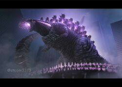 Rule 34 | building, city, dinosaur, fangs, giant, giant monster, glowing, glowing mouth, glowing spikes, godzilla, godzilla (series), godzilla (shin), kaijuu, monster, night, no humans, open mouth, sharp teeth, shin godzilla, sky, skyscraper, spikes, suttoko, teeth, toho