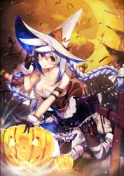 Rule 34 | 1girl, :q, alternate costume, animal ear fluff, animal ears, arm garter, arm up, back bow, bandages, bare shoulders, bat (animal), bird, black gloves, black skirt, black thighhighs, blue hair, blush, bow, braid, branch, breasts, carrot, carrot hair ornament, cleavage, cloud, cloudy sky, collarbone, commentary, crescent moon, english commentary, food-themed hair ornament, frilled skirt, frills, fur trim, gloves, hair ornament, hair ribbon, halloween, halloween costume, hand on headwear, haruhina purple, hat, highres, hololive, holster, jack-o&#039;-lantern, kneeling, long hair, looking at viewer, medium breasts, moon, night, night sky, owl, rabbit ears, red eyes, ribbon, sidelocks, skirt, sky, solo, thick eyebrows, thigh holster, thigh strap, thighhighs, tongue, tongue out, tress ribbon, twin braids, usada pekora, virtual youtuber, white hair, witch hat
