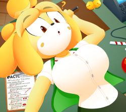 Rule 34 | 1girl, animal crossing, blonde hair, breasts, brown eyes, clipboard, confused, dog girl, furry, furry female, green vest, isabelle (animal crossing), large breasts, nintendo, pen, shirt, slickehedge, solo, solo focus, vest, white shirt, yellow fur