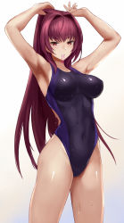 Rule 34 | 1girl, adjusting hair, alternate costume, armpits, arms up, black one-piece swimsuit, blue one-piece swimsuit, breasts, breasts apart, bunching hair, clenched teeth, competition swimsuit, covered navel, cowboy shot, fate/grand order, fate (series), gradient background, hair intakes, hair tie, highres, hip focus, impossible clothes, impossible swimsuit, jilllxlxl, large breasts, legs apart, long hair, looking at viewer, mouth hold, one-piece swimsuit, parted lips, purple hair, red eyes, red hair, rubber band, scathach (fate), shiny clothes, skin tight, solo, standing, swimsuit, teeth, thighs, tying hair, very long hair, wet, wet clothes, wet swimsuit