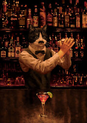 Rule 34 | 1boy, alcohol, animal head, bar (place), bartender, black bow, black bowtie, black vest, bottle, bow, bowtie, cat, cat boy, cocktail glass, cocktail shaker, collared shirt, commentary request, cup, drinking glass, fingernails, food, fruit, highres, holding shaker, lime (fruit), lime slice, long sleeves, male focus, martini, original, sadajiro, shirt, solo, vest, white shirt, wine bottle