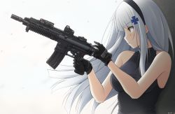 Rule 34 | 1girl, assault rifle, bare shoulders, black gloves, black hairband, black shirt, blush, breasts, commentary, covered collarbone, facial mark, girls&#039; frontline, gloves, green eyes, grey hair, gun, h&amp;k hk416, hair ornament, hairband, highres, hk416 (girls&#039; frontline), holding, holding gun, holding weapon, keenh, long hair, looking away, medium breasts, name connection, object namesake, parted lips, profile, rifle, shirt, signature, sleeveless, sleeveless shirt, solo, upper body, very long hair, weapon, white background