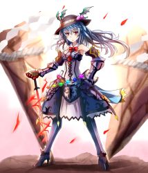 Rule 34 | 1girl, adapted costume, armor, armored dress, blue hair, chestnut mouth, food, fruit, hand on own hip, hat, hinanawi tenshi, long hair, looking at viewer, armored boots, metal gloves, open mouth, peach, pink eyes, rope, seal (animal), shimenawa, solo, sumapan, sword of hisou, touhou, wind