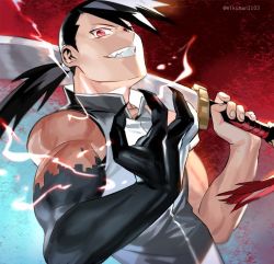 Rule 34 | 1boy, bad id, bad twitter id, black hair, commentary, emmmerald, fullmetal alchemist, greed (fma), ling yao, long hair, male focus, ponytail, red eyes, sleeveless, smile, solo, sword, twitter username, weapon