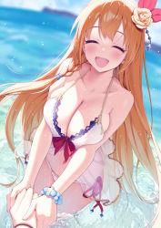 Rule 34 | 1girl, :d, ^ ^, bead bracelet, beads, bikini, blue sky, bracelet, braid, breasts, closed eyes, cloud, collarbone, day, flower, hair flower, hair ornament, highres, holding hands, jewelry, large breasts, long hair, lunch (shin new), ocean, open mouth, orange hair, outdoors, partially submerged, pecorine (princess connect!), pecorine (summer) (princess connect!), princess connect!, rose, single braid, sky, smile, solo focus, swimsuit, wading, white bikini, white flower, white rose