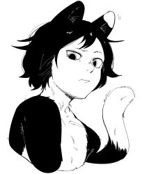 Rule 34 | 1girl, animal ears, body fur, cat ears, cat girl, cat tail, closed mouth, cropped torso, dungeon meshi, greyscale, highres, izutsumi, looking at viewer, monochrome, monster girl, nemnem 11199, short hair, simple background, solo, tail, white background