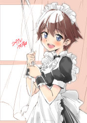 Rule 34 | 1girl, alternate costume, apron, black dress, brown hair, commentary request, cowboy shot, dated, dress, enmaided, flipped hair, frilled apron, frills, grey eyes, hiei (kancolle), highres, kantai collection, looking at viewer, maid, maid headdress, one-hour drawing challenge, open mouth, round teeth, short hair, signature, smile, solo, teeth, upper teeth only, usami (50-point caliper), white apron, window, wrist cuffs