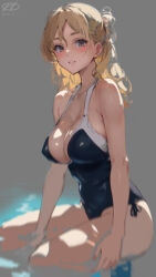 Rule 34 | 1girl, backlighting, bare arms, bare legs, bare shoulders, black one-piece swimsuit, blonde hair, braid, breasts, brown eyes, casual one-piece swimsuit, cleavage, commentary request, dot nose, feet out of frame, french braid, from side, grey background, grey eyes, haruto (harut n), kantai collection, large breasts, long hair, looking at viewer, lowres, one-piece swimsuit, parted lips, simple background, sitting, solo, swimsuit, tareme, unfinished, wavy hair, zara (kancolle)