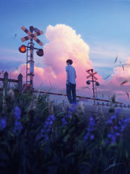 Rule 34 | 1boy, blurry, cloud, depth of field, fence, flower, grass, highres, male focus, original, railroad crossing, scenery, short hair, signature, sky, sunset, tamaki (tamaki illust)