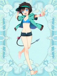 Rule 34 | 1girl, :d, anklet, barefoot, bikini, blue background, blue bikini, blue eyes, brown hair, demon tail, flat chest, full body, green jacket, hand up, hood, hood down, jacket, jewelry, kerberos blade, l (matador), looking at viewer, navel, open mouth, short hair, short shorts, short sleeves, shorts, simple background, smile, solo, swimsuit, tail, v, visor cap, walking, wristband