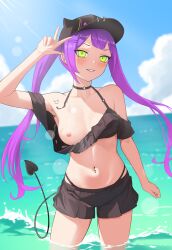 Rule 34 | 1girl, absurdres, armpits, black shorts, blue sky, blush, breasts, cloud, collarbone, cowboy shot, day, demon tail, diptip, floating hair, green eyes, grin, highres, hololive, long hair, medium breasts, navel, navel piercing, nipples, ocean, one breast out, outdoors, piercing, purple hair, short shorts, shorts, sky, smile, solo, sunlight, tail, tokoyami towa, twintails, very long hair, virtual youtuber, w, wading, wardrobe malfunction