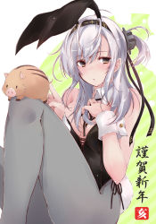 Rule 34 | 1girl, ahoge, alternate costume, anchor symbol, animal, animal ears, bare arms, bare shoulders, black headband, black leotard, black ribbon, blush, breasts, brown eyes, chinese zodiac, clothes writing, commentary request, detached collar, fake animal ears, fake tail, gradient background, green background, grey eyes, grey pantyhose, hachimaki, hair between eyes, hair ornament, hands up, happy new year, headband, index finger raised, kanji, kantai collection, knees up, leotard, long hair, long sleeves, looking at viewer, medium breasts, neck ribbon, new year, one eye closed, one side up, pantyhose, parted lips, pig, playboy bunny, rabbit ears, rabbit tail, ribbon, sidelocks, silver hair, sitting, solo, striped, striped background, suzutsuki (kancolle), tail, two-tone background, white background, wrist cuffs, year of the pig, yumesato makura