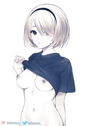 Rule 34 | 1girl, arm behind back, black eyes, black shirt, breasts, breasts out, closed mouth, clothes lift, hair over one eye, hairband, helloimtea, lifting own clothes, limited palette, looking at viewer, medium breasts, mole, mole under eye, navel, nier (series), nier:automata, no bra, patreon username, shirt, shirt lift, short hair, short sleeves, silver hair, simple background, solo, stomach, twitter username, upper body, white background, 2b (nier:automata)