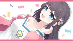 Rule 34 | 1girl, absurdres, bear hair ornament, black hair, blue eyes, bow, bra strap, breasts, candy, collarbone, duck hair ornament, food, fur trim, hair ornament, heart, heart background, highres, jacket, looking at viewer, medium breasts, meronaviolet, nijisanji, nijisanji kr, off-shoulder sweater, off shoulder, pink background, pink bow, pink jacket, rabbit hair ornament, skirt, smile, solo, song mia, sweater, upper body, virtual youtuber, white background, white sweater