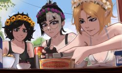 Rule 34 | 3girls, bikini, black eyes, black hair, black sports bra, blonde hair, blue sky, can, can opener, drink can, flat chest, flower wreath, freckles, glasses, hair ornament, hair stick, highres, jessie (veyonis), messy hair, mika (veyonis), multiple girls, nervous, nervous smile, nervous sweating, opening can, original, outdoors, parted lips, ponytail, sky, smile, sports bra, strap slip, surstromming, sweat, swimsuit, tomboy, trembling, veyonis, white bikini, yuna (veyonis)