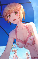Rule 34 | 3girls, arm support, ball, beach umbrella, beachball, bikini, black bikini, blonde hair, blue sky, blush stickers, breasts, caenis (fate), caenis (swimsuit rider) (fate), cleavage, cloud, collarbone, commentary request, fate/grand order, fate (series), food print, gareth (fate), gareth (swimsuit saber) (fate), green eyes, highres, looking at viewer, medium breasts, mordred (fate), mordred (fate) (all), mordred (swimsuit rider) (fate), multiple girls, navel, open mouth, outdoors, ponytail, red bikini, short hair, siblings, sisters, sky, smile, strawberry print, swimsuit, tesin (7aehyun), umbrella, white background