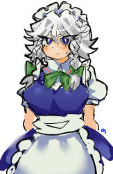 Rule 34 | 1girl, blue eyes, breasts, emerald kitty, expressionless, highres, izayoi sakuya, large breasts, looking at viewer, maid, silver hair, solo, touhou