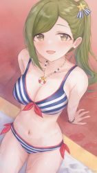 Rule 34 | 1girl, :d, arm support, armpit crease, bare arms, bead necklace, beads, bikini, blush, breasts, brown eyes, cleavage, dot nose, from above, front-tie top, gameso, green hair, hair ornament, hair ribbon, highres, idolmaster, idolmaster shiny colors, jewelry, large breasts, leaning back, looking at viewer, multicolored bikini, multicolored clothes, nanakusa hazuki, navel, necklace, open mouth, red trim, ribbon, side-tie bikini bottom, side ponytail, sidelocks, smile, solo, star (symbol), star hair ornament, stomach, striped bikini, striped clothes, swept bangs, swimsuit, thighs, wet