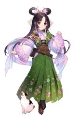 Rule 34 | 1girl, black hair, boots, brown eyes, calico, cat, center frills, corset, cross-laced footwear, earrings, formation girls, frills, full body, hagoromo, hair rings, hakama, hakama skirt, japanese clothes, jewelry, lace-up boots, long hair, looking at viewer, momoshiki tsubaki, nanae ichinomiya, parted bangs, see-through, shawl, simple background, skirt, smile, solo, standing, tanabata, tassel, tassel earrings, very long hair, white background