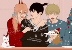 Rule 34 | 1girl, 4boys, alternate hairstyle, bell, black hair, black sweater, blonde hair, blue sweater, cake, cat, chainsaw man, christmas lights, christmas sweater, christmas tree, collar, collarbone, denji (chainsaw man), fang, fangs, food, fruit, green eyes, grey eyes, hair between eyes, hair tied, hair tied back, hair tied up, hayakawa aki, highres, horns, long hair, long sleeves, medium hair, meowy (chainsaw man), multiple boys, open mouth, pink hair, pochita (chainsaw man), power (chainsaw man), red eyes, red sweater, ribbon, sharp teeth, short hair, short twintails, sleeves past elbows, smile, snowflakes, strawberry, sweater, teeth, tongue, twintails, unusual pupils, white cat, yamikon1003, yellow eyes