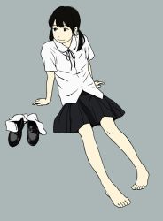 Rule 34 | 1girl, arm support, barefoot, black footwear, black ribbon, black skirt, closed mouth, collared shirt, commentary request, feet, full body, hosoo, leaning back, loafers, looking to the side, low twintails, neck ribbon, original, pleated skirt, ribbon, shirt, shoes, sitting, skirt, smile, socks, unworn socks, solo, twintails, white shirt, white socks