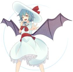 Rule 34 | 1girl, :d, ascot, bat wings, blue hair, brooch, commentary request, cowboy shot, dress, frilled dress, frills, hat, hat ribbon, jewelry, looking at viewer, mknongr, open mouth, outstretched arm, red ascot, red eyes, red ribbon, red sash, remilia scarlet, ribbon, sash, short hair, smile, solo, touhou, white background, white dress, white hat, wings