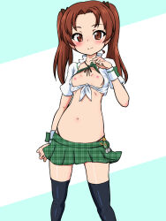 Rule 34 | 1girl, absurdres, black thighhighs, blush, breasts, brown eyes, brown hair, closed mouth, girls und panzer, highres, kadotani anzu, long hair, looking at viewer, microskirt, misakichi (fechisupi777), navel, nipples, ooarai school uniform, school uniform, skirt, small breasts, smile, solo, thighhighs, twintails