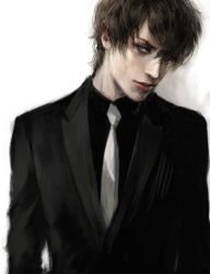 Rule 34 | 1boy, as (ashes), blue eyes, brown hair, closed mouth, collared shirt, formal, hair over one eye, jacket, looking at viewer, male focus, necktie, original, simple background, solo, upper body, white background