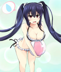 Rule 34 | 1girl, ball, bare shoulders, beachball, bikini, black hair, blush, breasts, cleavage, hair ornament, large breasts, lens flare, long hair, looking at viewer, mctom, neptune (series), noire (neptunia), open mouth, red eyes, ribbon, scrunchie, side-tie bikini bottom, simple background, solo, sweatdrop, swimsuit, twintails, very long hair
