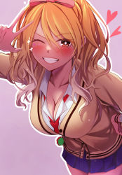 Rule 34 | 1girl, blonde hair, blue skirt, blush, breasts, brown cardigan, cardigan, cleavage, clenched teeth, collarbone, hair between eyes, hair ribbon, hand on own hip, highres, idolmaster, idolmaster shiny colors, izumi mei, large breasts, long hair, long sleeves, looking at viewer, necktie, one eye closed, pink background, plaid, plaid skirt, red necktie, red ribbon, ribbon, school uniform, shirt, simple background, skirt, smile, solo, teeth, thighs, w, white shirt, yoshimoto (carpsukidayo)
