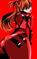 Rule 34 | ass, ass focus, blue eyes, curvy, from behind, huge ass, kuroameman, long hair, looking at viewer, looking back, neon genesis evangelion, orange hair, plugsuit, red background, red hair, shiny clothes, simple background, solo, souryuu asuka langley
