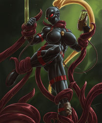 Rule 34 | 1girl, arm blade, arm grab, arm strap, assassinorum, battle, belt, black bodysuit, blonde hair, bodysuit, bracelet, breasts, callidus, covered abs, covered erect nipples, covered face, covered mouth, dmaxcustom, dual wielding, energy gun, finger on trigger, full body, gun, hair through headwear, handgun, helmet, high ponytail, highres, holding, holding gun, holding weapon, jewelry, knee pads, large breasts, leg grab, leg up, long hair, muscular, muscular female, red belt, red eyes, restrained, sexually suggestive, single knee pad, skin tight, skull, solid eyes, solo focus, spiked bracelet, spikes, tentacles, thick thighs, thigh strap, thighs, very long hair, warhammer 40k, weapon