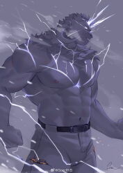 Rule 34 | 1boy, abs, absurdres, bara, beard, bulge, clenched hands, cracked skin, curled horns, electricity, electrokinesis, facial hair, furry, furry male, goo (koushishikou11), highres, horns, large pectorals, looking to the side, male focus, muscular, muscular male, navel, neck fur, nipples, original, pants, pectorals, short hair, solo, stomach, strongman waist, thick thighs, thighs, topless male, white fur, white pants