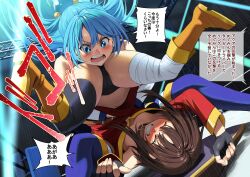 2girls aqua_(konosuba) ass bandaged_leg bandages bilingual_commentary black_gloves black_panties black_thighhighs blue_eyes blue_hair blue_thighhighs blush breasts brown_hair fingerless_gloves gloves highres izawa_(bhive003) kono_subarashii_sekai_ni_shukufuku_wo! long_hair looking_at_another megumin mixed-language_commentary multiple_girls navel orange_footwear panties shiny_skin short_hair single_thighhigh small_breasts thighhighs underwear wrestling