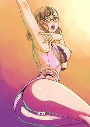 Rule 34 | 1girl, armpits, ass, bar censor, bottomless, bra, bra pull, breasts, breasts out, brown hair, censored, cleft of venus, clothes pull, glasses, highres, large breasts, lips, lipstick, looking at viewer, makeup, matsuda shin, nipples, open mouth, precure, pubic hair, purple eyes, pussy, red lips, sakuragawa saki, shirt, sideboob, simple background, sleeveless, sleeveless shirt, solo, spread armpit, teacher, teeth, tropical-rouge! precure, underwear, upper teeth only