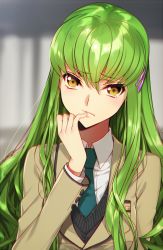 Rule 34 | 1girl, artist name, blurry, blurry background, c.c., code geass, creayus, finger to mouth, green hair, hair ornament, hairclip, long hair, looking at viewer, necktie, open mouth, school uniform, solo, upper body, yellow eyes