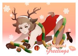 Rule 34 | 1girl, absurdres, all fours, animal ears, ankle boots, antlers, bell, boots, breasts, brown eyes, brown footwear, brown gloves, brown hair, christmas, deer ears, deer tail, english text, eyeshadow, fake animal ears, fake antlers, female focus, fire emblem, fire emblem: three houses, fire emblem heroes, fishnet pantyhose, fishnets, fur-trimmed leotard, fur trim, gloves, high heel boots, high heels, highres, horns, intelligent systems, large breasts, leotard, looking at viewer, makeup, manuela casagranda, matching hair/eyes, mole, mole under eye, neck bell, nintendo, official alternate costume, pantyhose, phoebe (artist), red leotard, reindeer antlers, smile, snowflakes, solo, tail, thick thighs, thighs