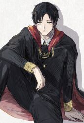 Rule 34 | 1boy, arm support, black cloak, black hair, black jacket, black pants, brown eyes, cloak, closed mouth, collared jacket, damian desmond, feet out of frame, highres, jacket, knee up, long sleeves, looking at viewer, male focus, mashiro haneda, pants, shadow, sitting, sketch, solo, spy x family