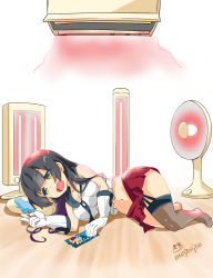 Rule 34 | 10s, 1girl, :d, agano (kancolle), air conditioner, black hair, electric fan, food, green eyes, highres, holding, imu sanjo, kantai collection, long hair, looking at viewer, lying, miniskirt, navel, on side, open mouth, pleated skirt, popsicle, school uniform, serafuku, skirt, smile, solo