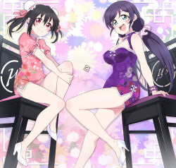 Rule 34 | 2girls, absurdres, black hair, breasts, china dress, chinese clothes, cleavage, dress, highres, large breasts, love live!, love live! school idol project, multiple girls, purple hair, small breasts, tojo nozomi, yazawa nico