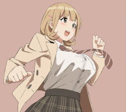 Rule 34 | 10s, 1girl, blush, breasts, brown background, brown eyes, brown hair, elel185, hair ornament, hairclip, huge breasts, narusawa ryouka, occultic;nine, plaid, plaid skirt, school uniform, shirt tucked in, short hair, simple background, skirt, solo
