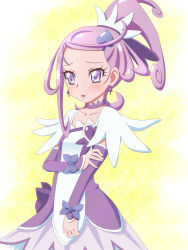 Rule 34 | 1girl, absurdres, arm warmers, asymmetrical clothes, blush, brooch, choker, cure sword, curly hair, detached sleeves, dokidoki! precure, dress, earrings, eyelashes, fingerless gloves, gloves, gradient background, hair ornament, hairclip, half updo, heart, heart brooch, highres, jewelry, kenzaki makoto, looking at viewer, magical girl, ponytail, precure, purple dress, purple eyes, purple hair, ribbon, short hair, solo, spade (shape), spade earrings, spade hair ornament, standing, toni (artist), yellow background