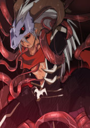 Rule 34 | 1boy, armor, assassin cross (ragnarok online), black pants, black sclera, black shirt, colored sclera, commentary request, emon-yu, feet out of frame, horns, long hair, one eye closed, open clothes, open mouth, open shirt, pants, pauldrons, ragnarok online, red eyes, red scarf, scarf, shirt, shoulder armor, skull, skull on head, slime (substance), solo, tentacles, tentacles on male, tentacles under clothes, white hair