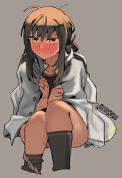 Rule 34 | 1girl, artist logo, artist name, black hair, black socks, blush, buttons, closed mouth, commentary, cropped legs, ergot, fubuki (kancolle), green eyes, grey background, jewelry, kantai collection, kneehighs, messy hair, military, military uniform, naval uniform, panties, panties around leg, ring, short hair, short ponytail, simple background, socks, solo, underwear, uniform, wedding ring