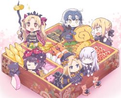 Rule 34 | + +, 6+girls, abigail williams (fate), ahoge, artoria pendragon (all), artoria pendragon (fate), bento, black hair, black hat, blonde hair, blue eyes, blush, check commentary, chibi, commentary request, eating, ereshkigal (fate), fate/grand order, fate (series), food, grey eyes, hair between eyes, hair bun, hat, headpiece, horns, in food, jeanne d&#039;arc (fate), jeanne d&#039;arc alter (avenger) (fate), jeanne d&#039;arc alter (fate), katsushika hokusai (fate), lavinia whateley (fate), long hair, mini person, minigirl, multiple girls, octopus, one eye closed, open mouth, parted bangs, pink eyes, red eyes, rioshi, saber alter, shrimp, single hair bun, single horn, sitting, sparkle, tohsaka rin, two side up, v-shaped eyebrows, very long hair, wavy mouth, white hair, wide-eyed, yellow eyes